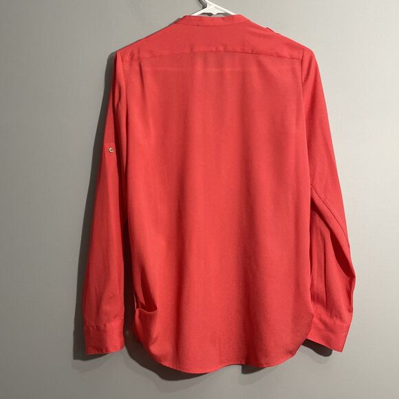 Calvin Klein Women’s Coral Long Sleeve Top Size S Roll Tab Sleeves Waist Blouse - Picture 2 of 13